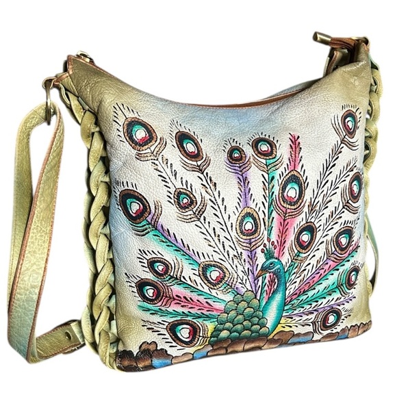 Magnifique Handbags - Magnifique Hand Painted Peacock Leather Crossbody Bag with Side Braid Accent